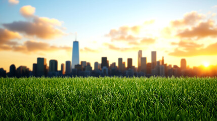 A vibrant skyline at sunset with lush green grass in the foreground, merging nature and urban scenery.