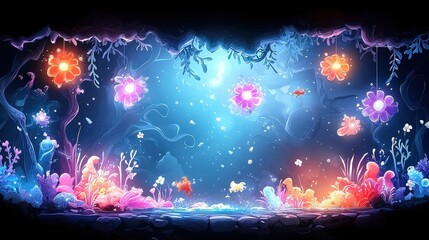 A supernatural deep-ocean cave filled with glowing sea creatures and an ominous sense of foreboding. with pastel style,