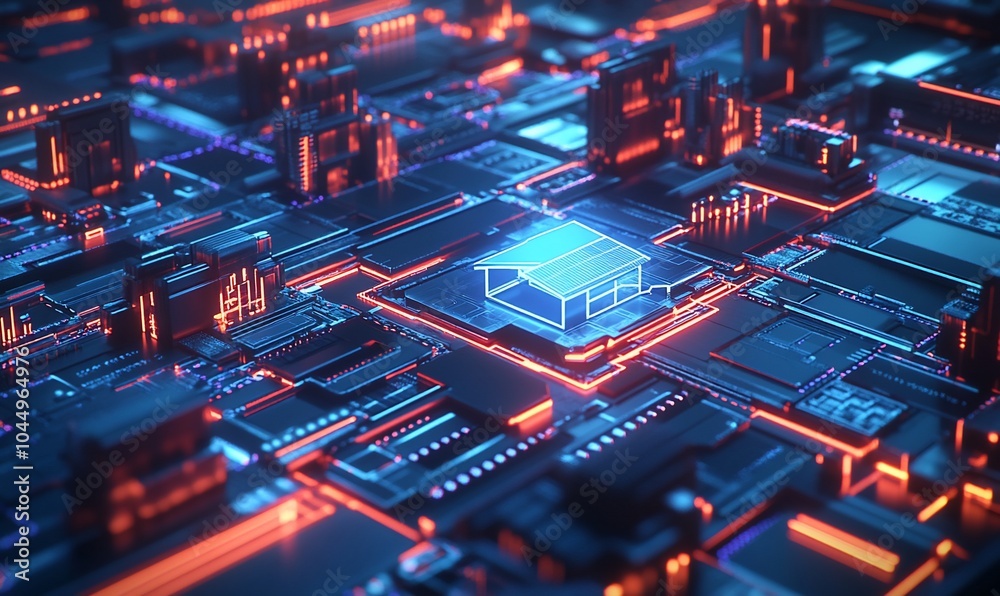 Poster abstract illustration of a house icon glowing on a circuit board, representing smart home technology