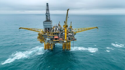 Sweeping aerial view of an offshore oil rig platform perfectly framed by endless ocean waves with mechanical arms and cranes stretching out over the water