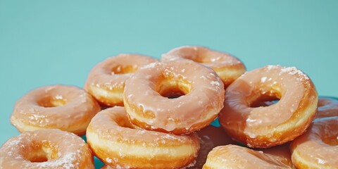 Close-up of a Pile of Bitten Glazed Donuts on a Pastel Blue Background Generative AI