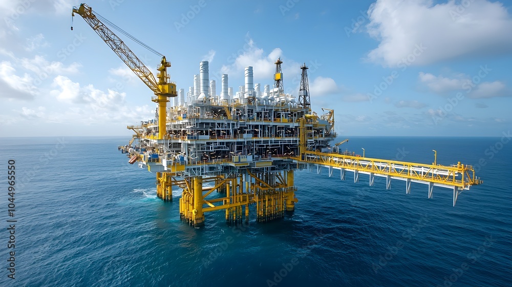 Aufkleber Massive offshore oil rig platform captured from a wide angle side view with intricate pipes and machinery visible against the deep sea backdrop  The rig stands tall in the expansive ocean setting