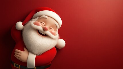 A cartoonish image of Santa Claus smiling and hugging a red wall