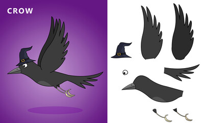 Raven/Crow cartoon character with parts png for games and animations.Flat black colored simple crow with wizard hat for Halloween graphic and animations.Separated parts.easy to use.