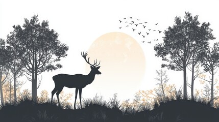 A tranquil scene featuring the silhouette of a deer among trees, set against a bright white background, highlighting the beauty of nature.