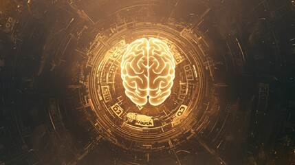 Naklejka premium Brain illustration with golden circle graphic behind it. Financial concept, money making idea, business idea.