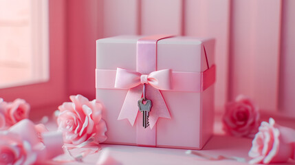 Pastel gift box with keys and elegant ribbon on coral background