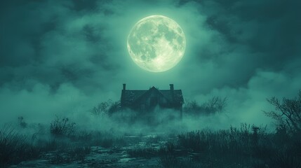 Fototapeta premium A vibrant Halloween cartoon scene with a glowing full moon above a spooky old house, casting long, spooky shadows on a foggy landscape filled with mystery.