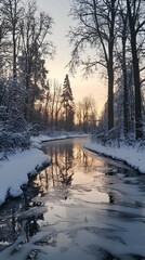 A frozen river in the winter forest, with ice and snow covering its surface. The sky is cloudy at dusk