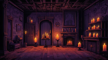 Pixelated 8-bit style haunted mansion background with eerie rooms, cobwebs, and floating candles for a spooky platformer game.