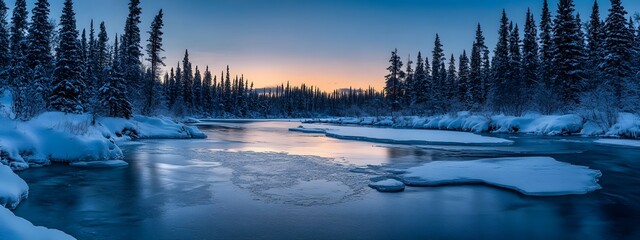 Fototapeta premium A frozen river in the winter forest, with ice and snow covering its surface. The sky is cloudy at dusk