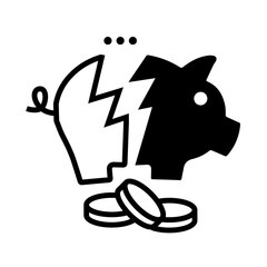 Financial Crisis Icon – Broken Piggy Bank with Coins Falling Out, Signifying Economic Hardship