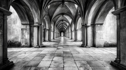 Obraz premium Serene Corridor with Arched Architecture in Monochrome