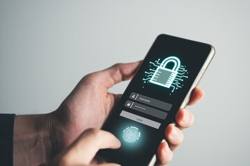 Data Security system concept, Business man use laptop with security icon screen, innovation technology, cloud computing, internet network communication