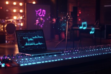 Laptop on a mixing desk with holographic music notes in a professional studio