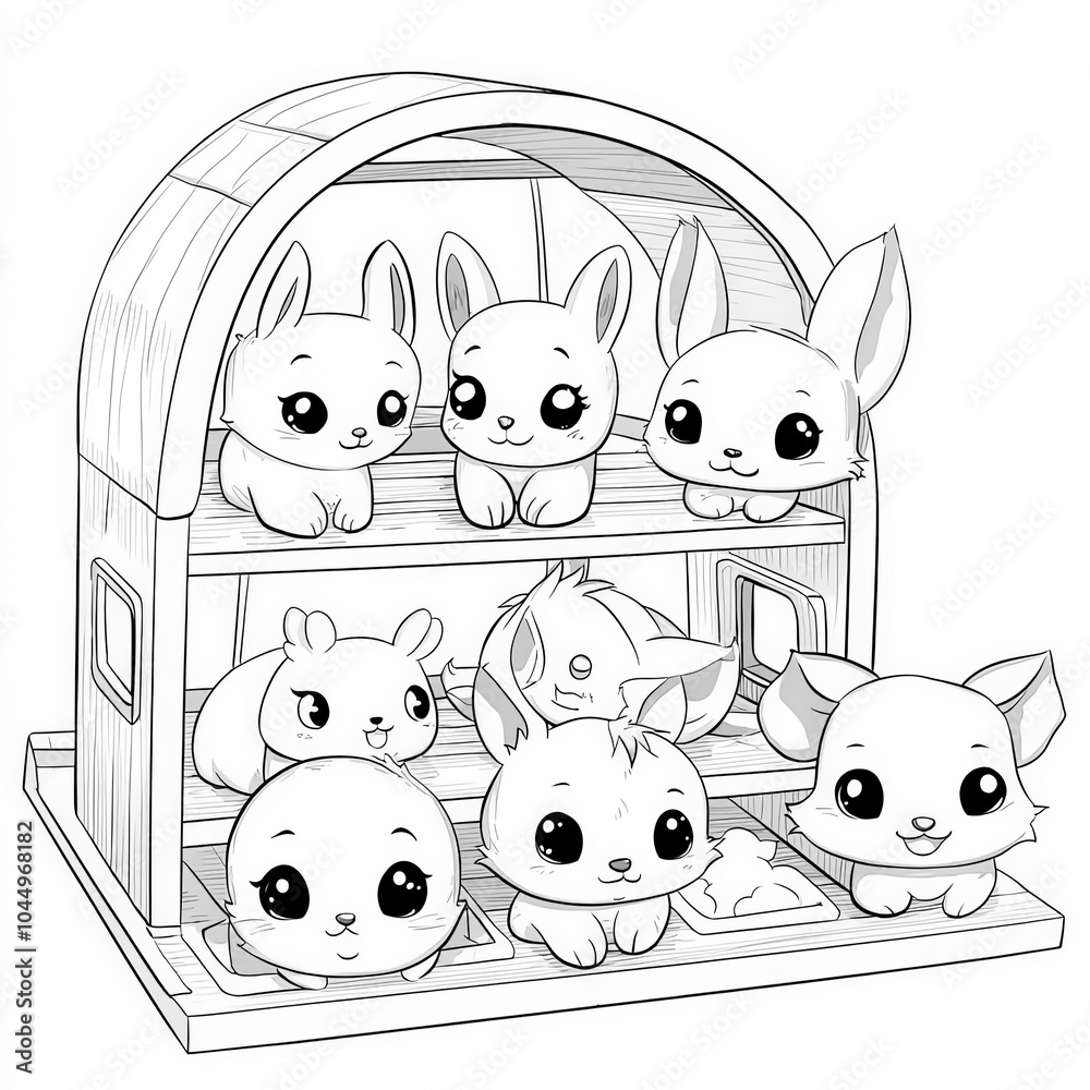 Sticker A cute animal shelter with pets, coloring page for kids, simple outline illustration. Coloring book, simple lines.