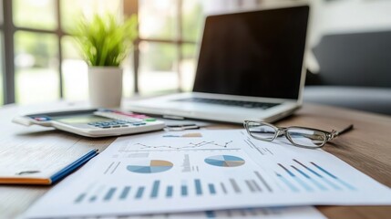 Business Workspace with Laptop and Financial Documents