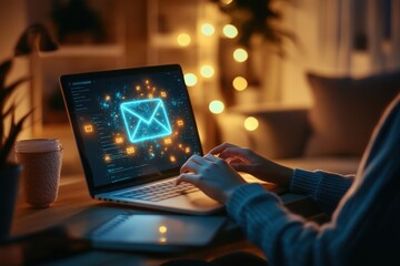 Person typing on laptop with floating email icon in a cozy workspace