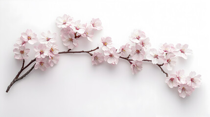 Obraz premium A delicate branch of pale pink cherry blossoms against a white background.