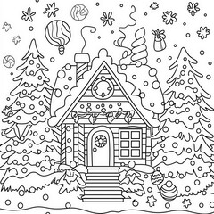 Fototapeta premium A gingerbread house with candy decorations, coloring page for kids, simple outline illustration. Coloring book, simple lines.