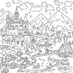 Naklejka premium A magical fairytale scene with characters, coloring page for kids, simple outline illustration. Coloring book, simple lines.