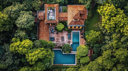 An architectural plan viewed from above, featuring symbols for various landscape elements like trees, shrubs, and ponds, highlighting the beauty of outdoor design.