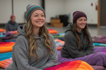 A group of students participating in a wellness activity or workshop focused on stress relief techniques, mindfulness, or emotional resilience