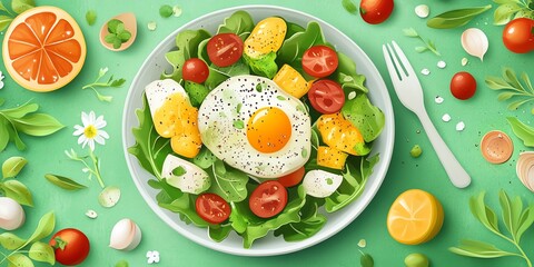 Large dish, healthy ingredients, natural light, wellness, flat design