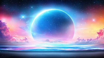 An artistic view of a pastel space scene with a large, glowing moon, star clusters, and a swirling galaxy of pastel tones.