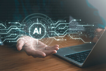 Digital information technology concept. Businessman touching artificial intelligence icon. Chatbot and AI concept.