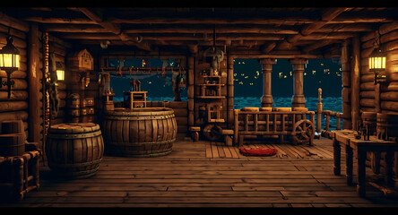 Fototapeta premium Pixelated 8-bit style pirate ship interior with wooden planks, barrels, and cannons for a platformer game