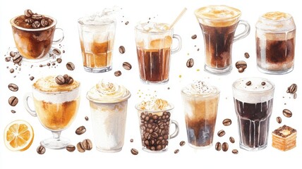 Artistic set of vector coffee beans and coffee cup drinks isolated on white background,hand-drawn vector,hot coffee drinks,cafe shop,modern flat design,Fashionable and cute coffee motif concept.