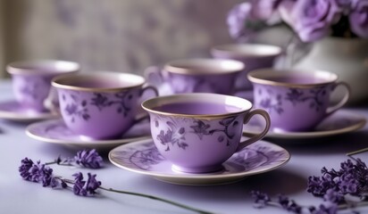 Fototapeta premium purple tea cups and saucers with purple flowers on a table violet colored theme