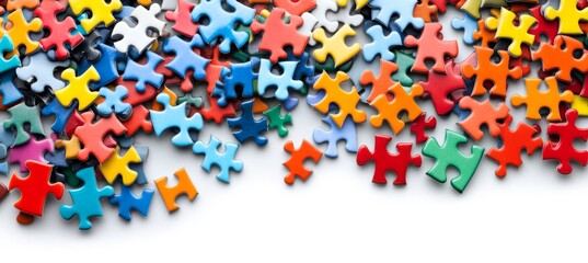 Obraz premium Colorful Puzzle Pieces on White Background, Conceptual Image of Teamwork and Problem Solving
