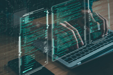 Digital information technology concept. Businessman touching artificial intelligence screen.