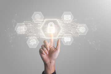 Data Security system concept, Business man use laptop with security icon screen, innovation technology, cloud computing, internet network communication
