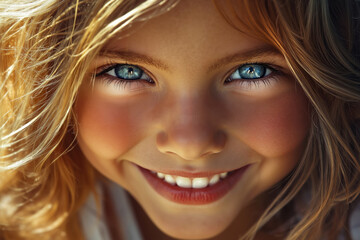 A close up of a young girl with blue eyes smiling
