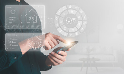 Man touching smart home interface. smart home automation and Internet of Things, IOT,  technology concept.