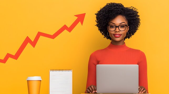 Successful African American Female Professional Reviewing Complex Financial Data and Trends on a Sleek Laptop Surrounded by Notepads and Coffee in a Stylish Modern Office Environment - Powered by Adobe