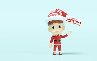 santa claus hand holding a sign merry christmas and happy new year isolated on blue background. 3d render illustration