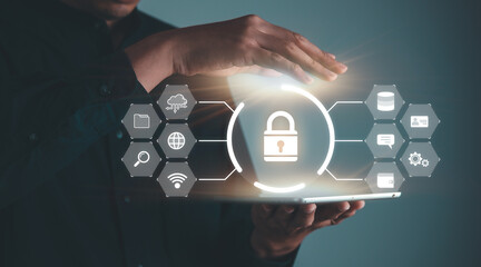 Data Security system concept, Business man is logging into system and  security icon on screen, innovation technology, cloud computing, internet network communication