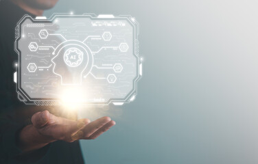 Digital information technology concept. Businessman use tablet with artificial intelligence screen.