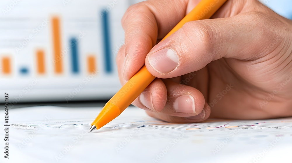 Fototapete elegant female hand gracefully holding a stylus and navigating through vivid colorful financial char