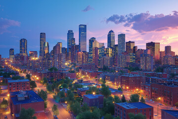 Obraz premium Chic City Skyline At Twilight, With Modern High-Rises Illuminated By City Lights, Providing A Sleek And Stylish Classy Background