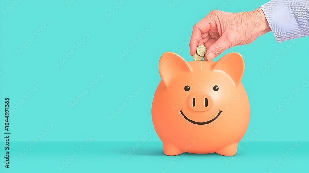 Poster flat of an elderly hand placing coins into a smiling piggy bank symbolizing positive aging and finan