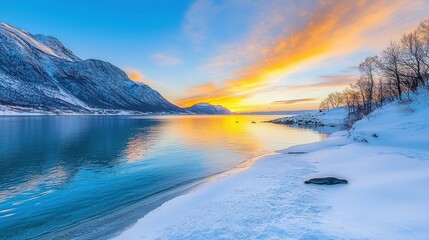 Obraz premium An icy fjord with pastel-colored skies and mountains, with seals lounging on the snow-covered shore.