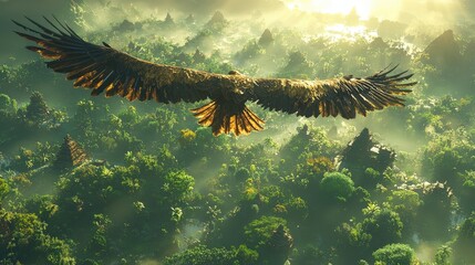 An impressive  eagle in flight above a lush forest, its expansive wingspan casting a shadow across the vibrant greenery of the canopy below.