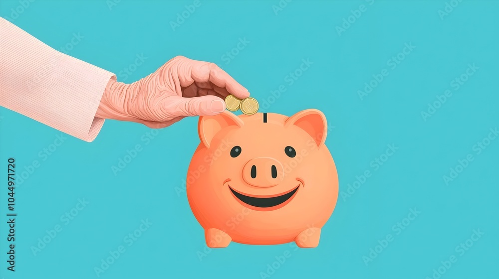 Poster flat depicting an elderly hand placing coins into a smiling piggy bank symbolizing the positive aspe