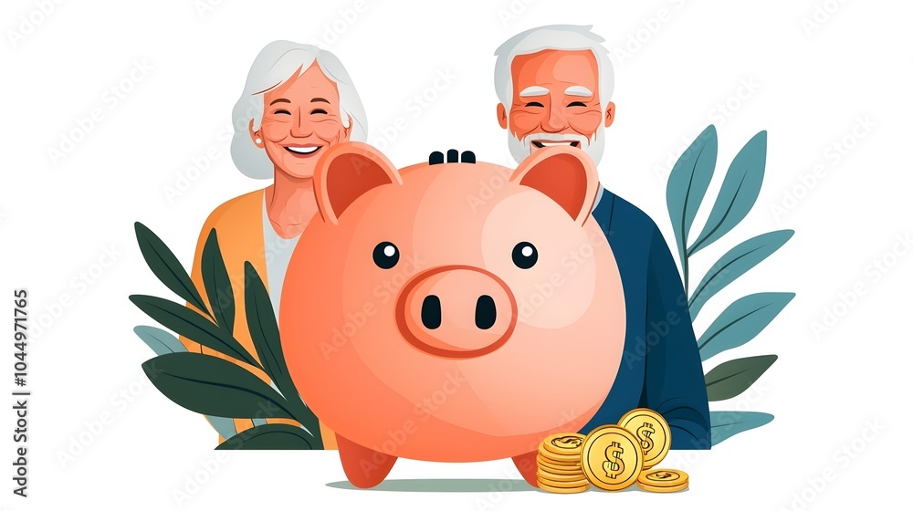 Poster cheerful piggy bank with golden coins and an elderly couple smiling in the background representing f