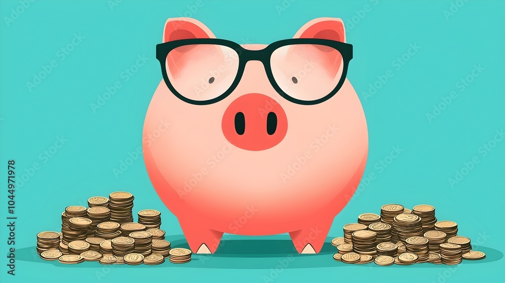 Poster Flat of a piggy bank with glasses piles of coins and a smiling senior citizen highlighting the financial wisdom and security that can come with age and retirement planning